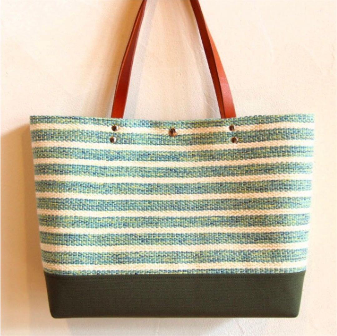 手織りミックスカラーボーダーのトートバッグ（グリーン）