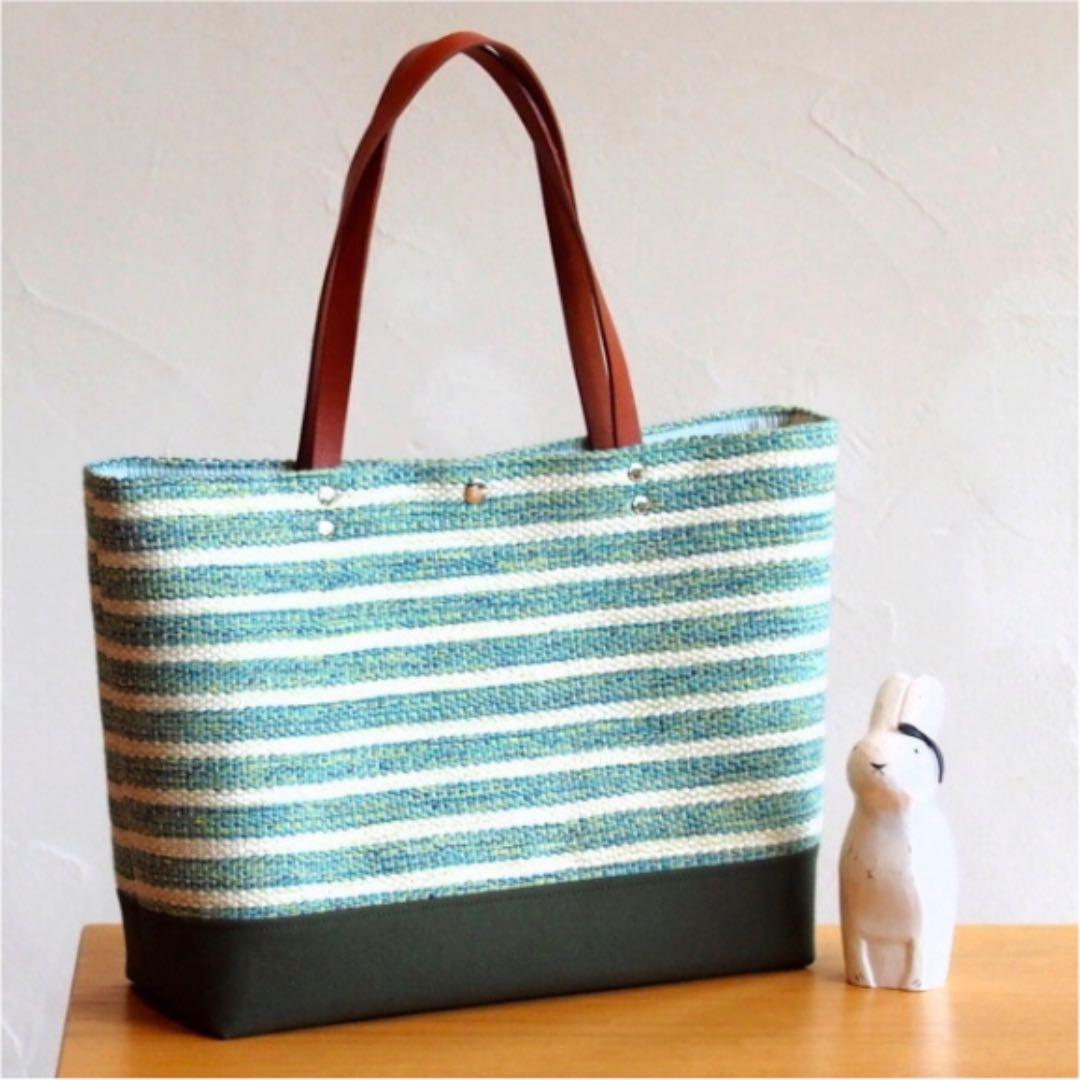 手織りミックスカラーボーダーのトートバッグ（グリーン）
