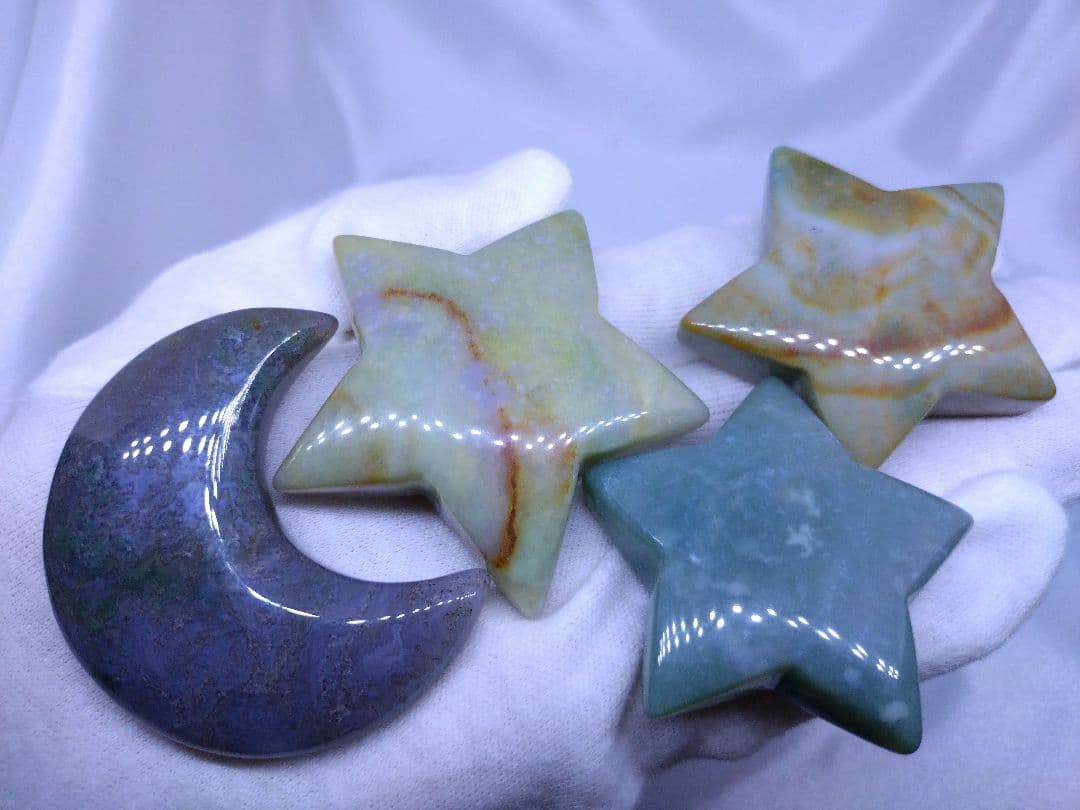 オーシャンジャスパー　星　モスアゲート　三日月　4点セット　癒し　才能　握り石