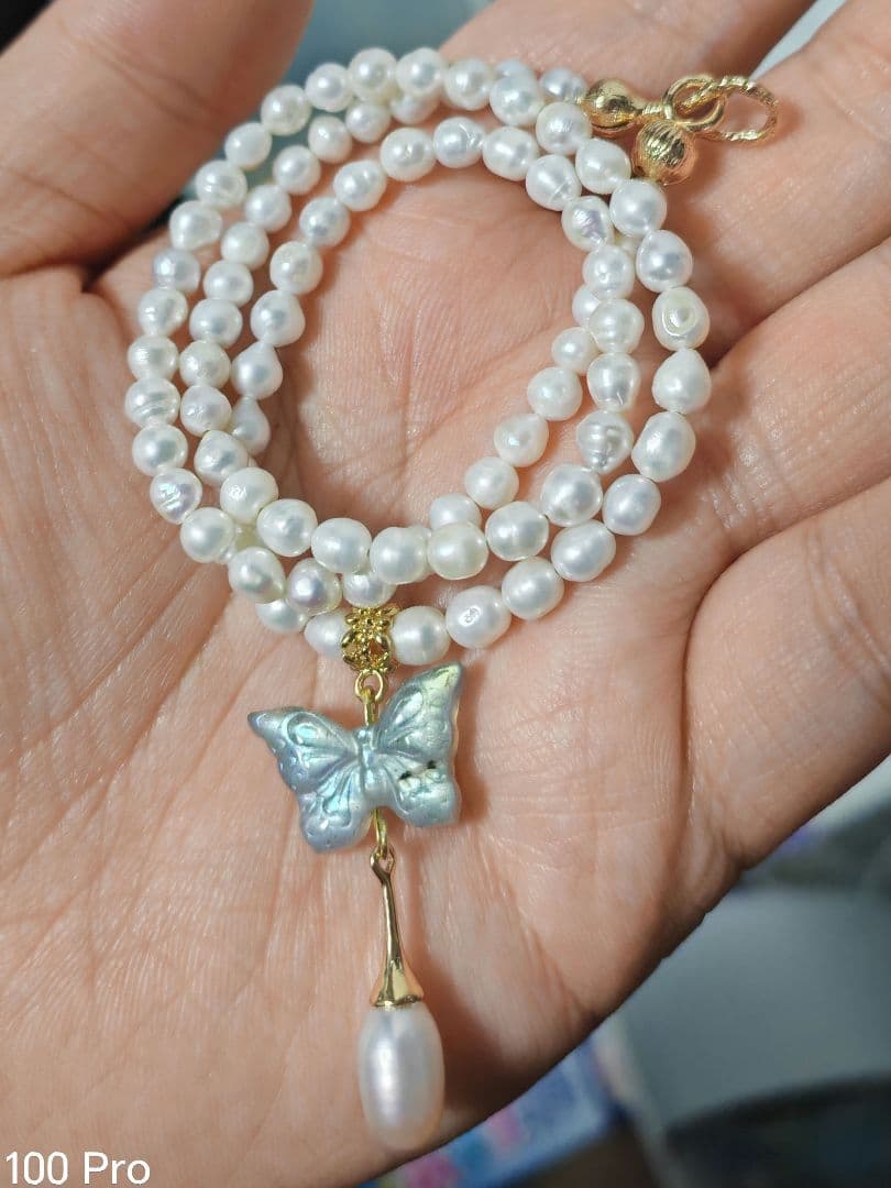 极美品♥天然石 天然淡水パールラブラドライト 彫刻 蝶♥ネックレス 強光沢感