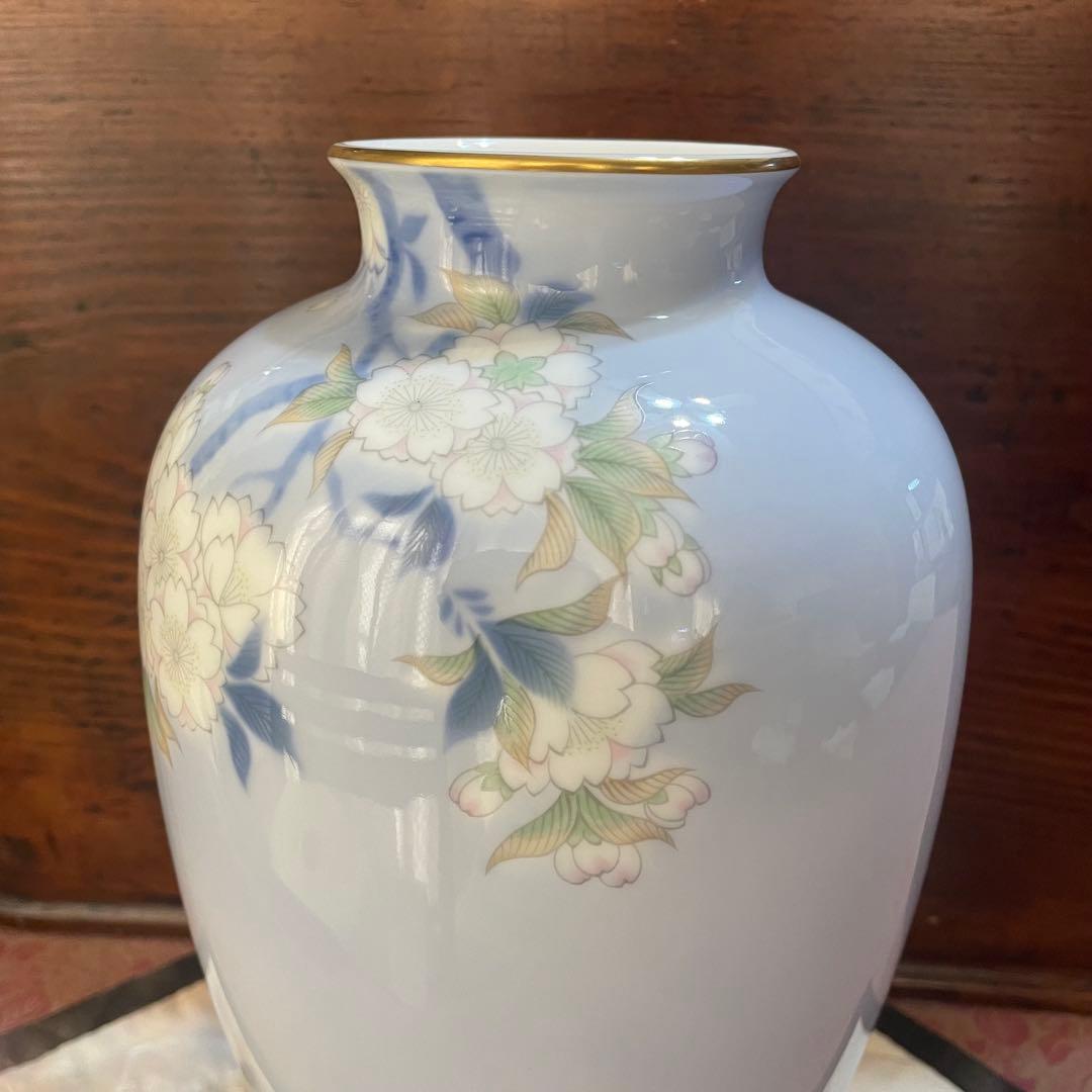 美品　深川製磁　花瓶　桜と鳥　花生　　高さ約28cm