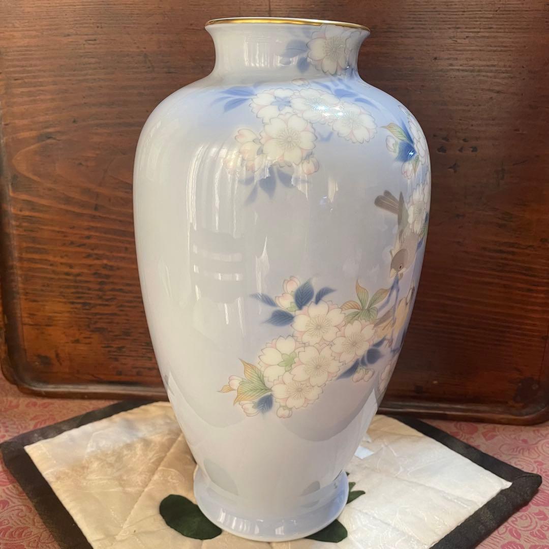 美品　深川製磁　花瓶　桜と鳥　花生　　高さ約28cm