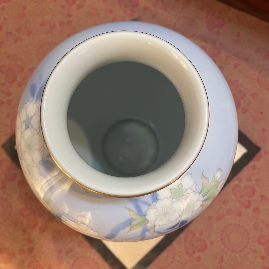 美品　深川製磁　花瓶　桜と鳥　花生　　高さ約28cm