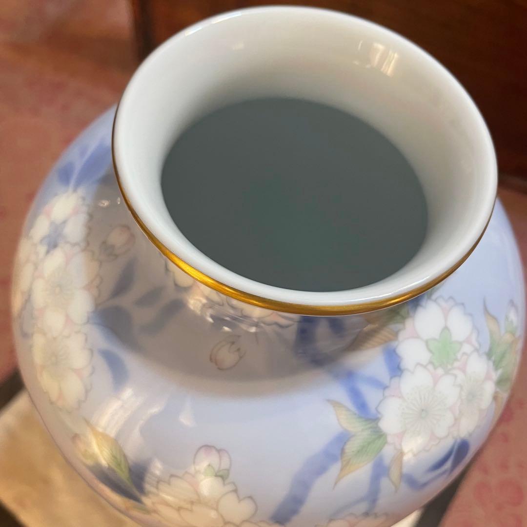 美品　深川製磁　花瓶　桜と鳥　花生　　高さ約28cm