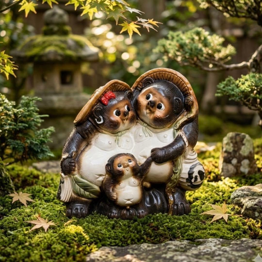 信楽焼 家族仲良しタヌキ /陶器 縁起物 たぬき 置物