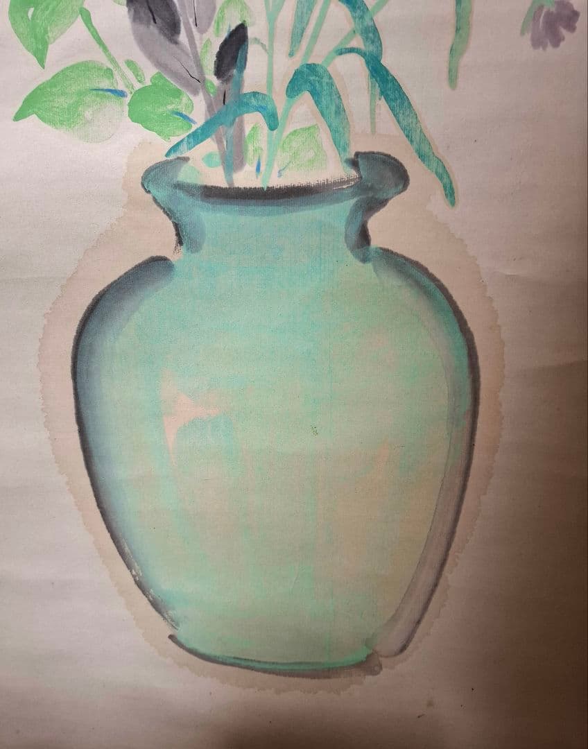 西澤笛畝　野草花青磁壺　軸装　桐箱