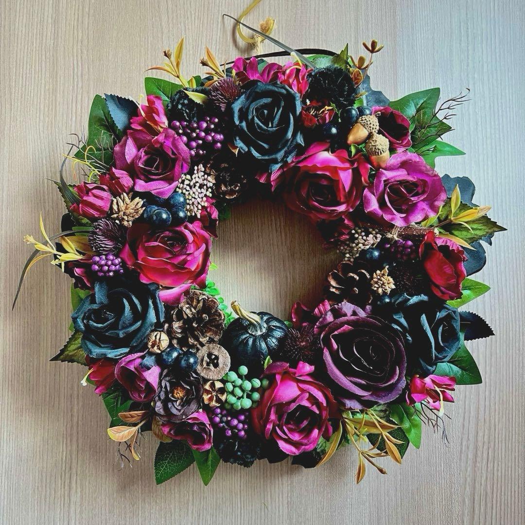 特大 ヴィランズ 薔薇 大人 木の実 ヴィンテージ ハロウィンリース 玄関リース