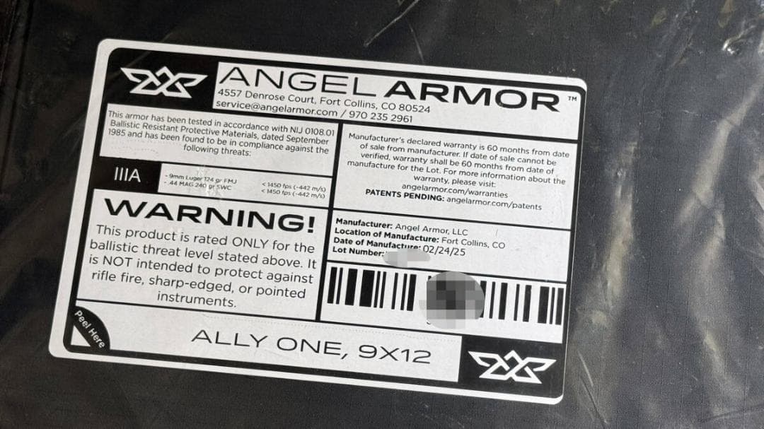 Angel Armor ポータブルアーマーパネル, IIIA, 9x12