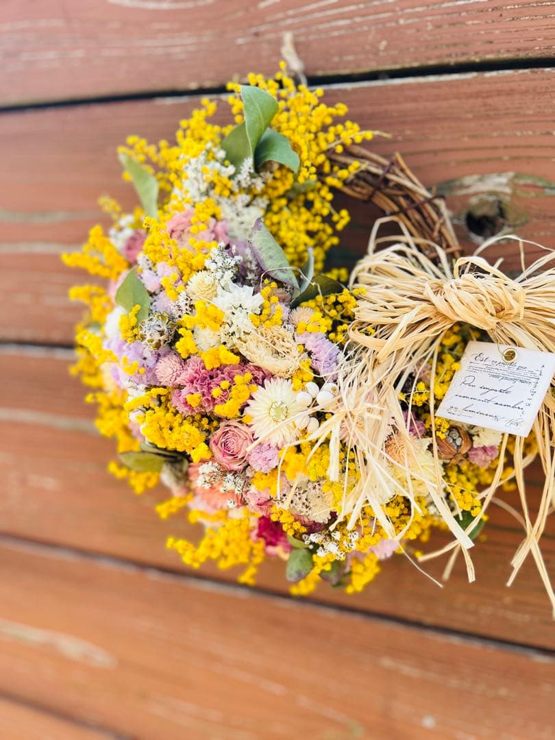 ミモザ　リース　スワッグ　ブーケ　スターチス ラナンキュラス チューリップ