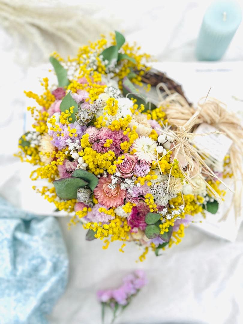 ミモザ　リース　スワッグ　ブーケ　スターチス ラナンキュラス チューリップ
