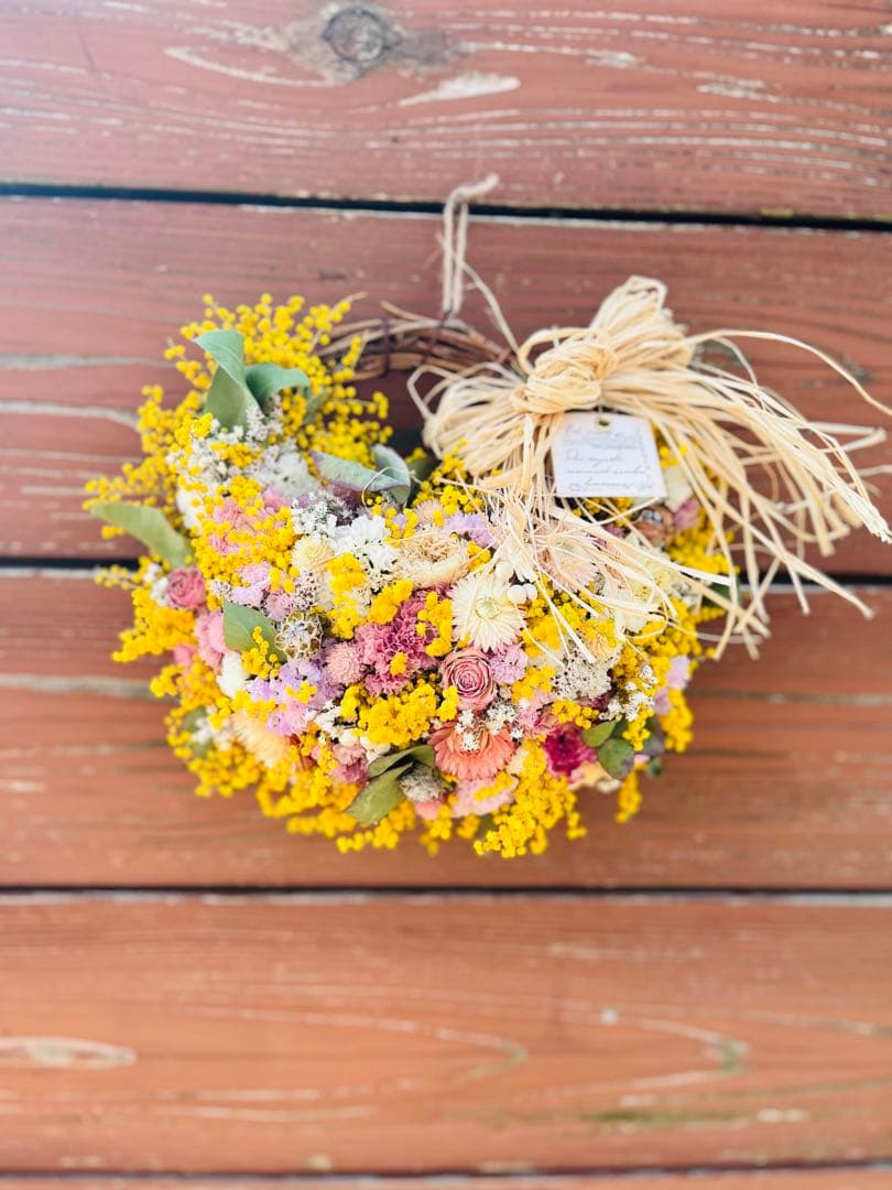 ミモザ　リース　スワッグ　ブーケ　スターチス ラナンキュラス チューリップ