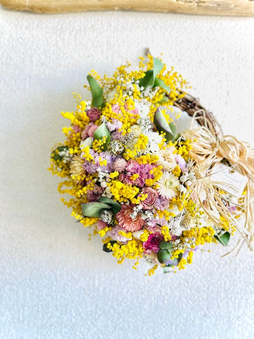 ミモザ　リース　スワッグ　ブーケ　スターチス ラナンキュラス チューリップ