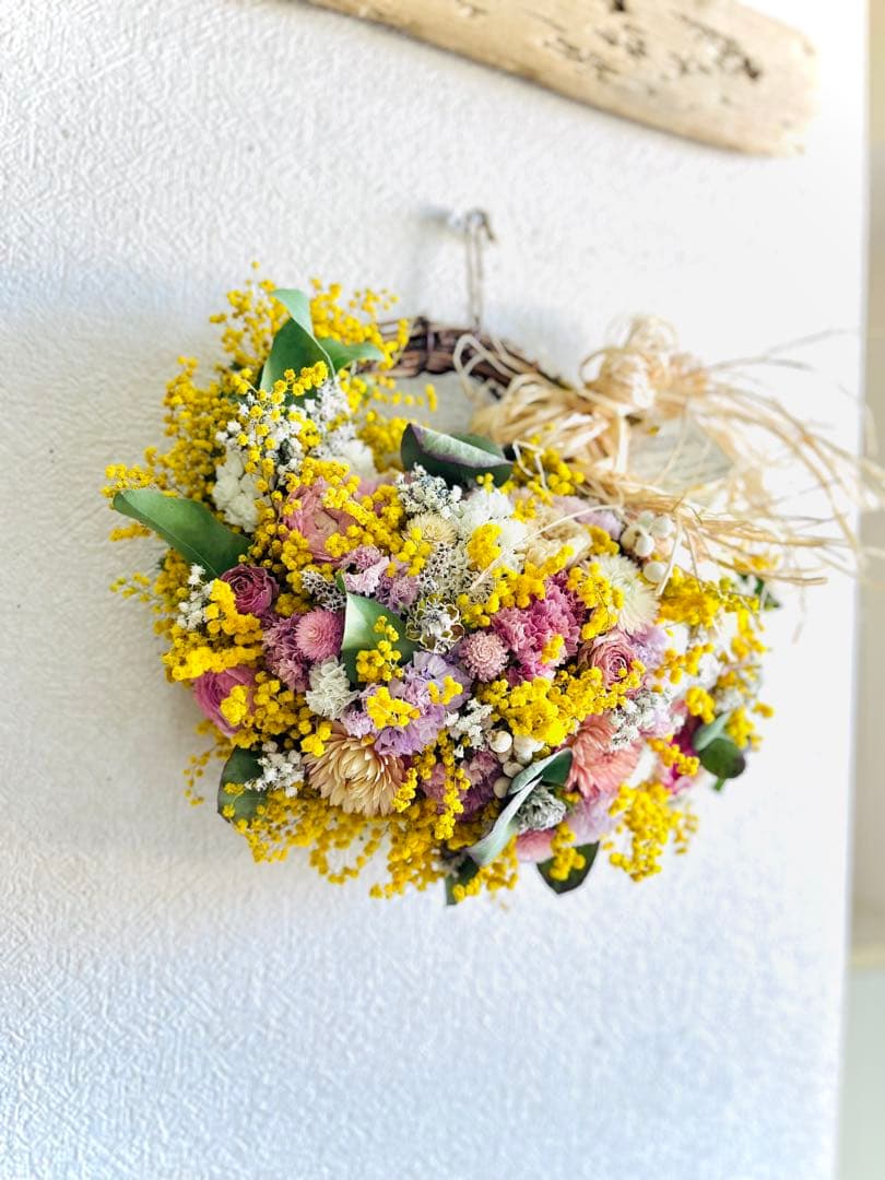 ミモザ　リース　スワッグ　ブーケ　スターチス ラナンキュラス チューリップ
