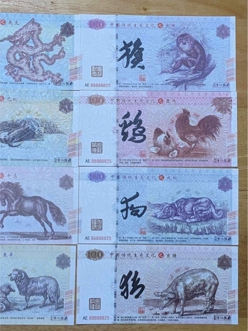 中国の十二支　伝統動物　記念紙幣　12枚セット