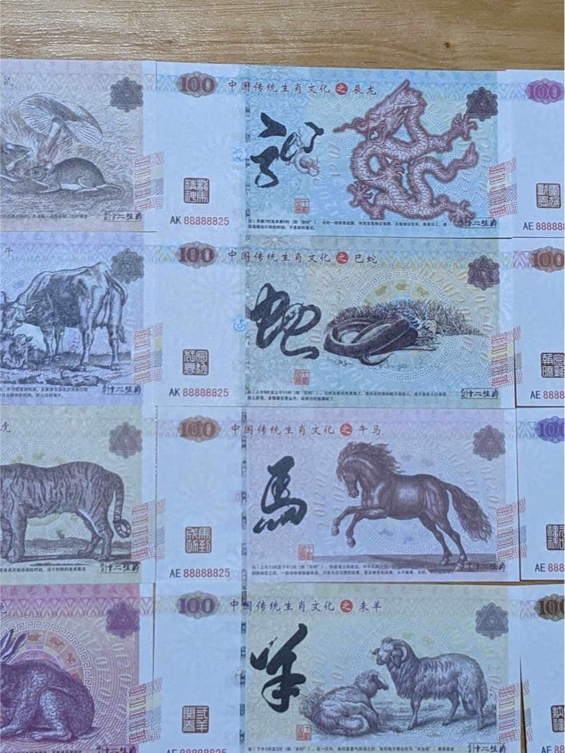 中国の十二支　伝統動物　記念紙幣　12枚セット