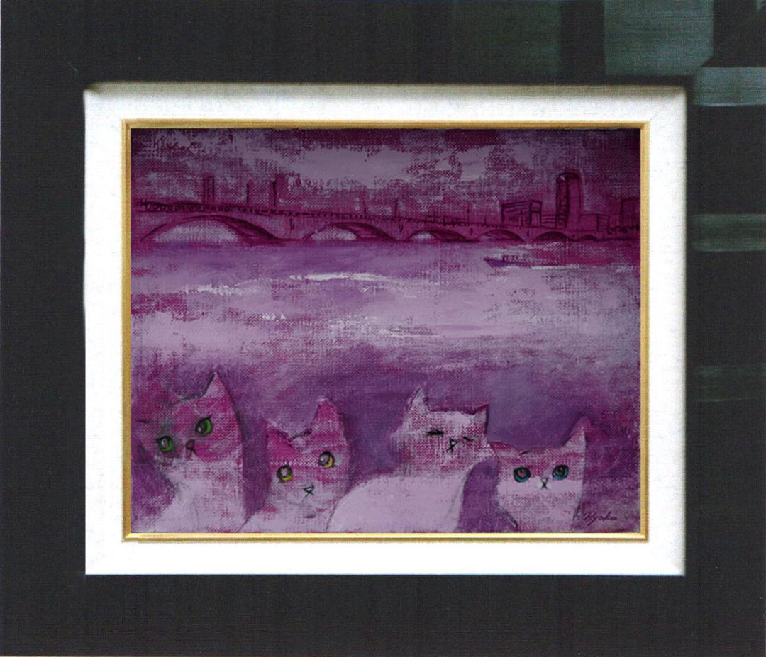 油絵菅家令子絵 絵画インテリア額付(青緑＋金色の枠)F4-050920可愛い子猫