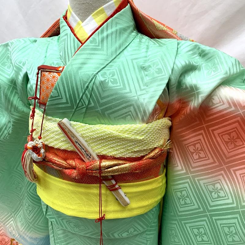 505ag60□七五三 七歳 女児 着物&袋帯 金駒刺繍 亀甲文□状態良好