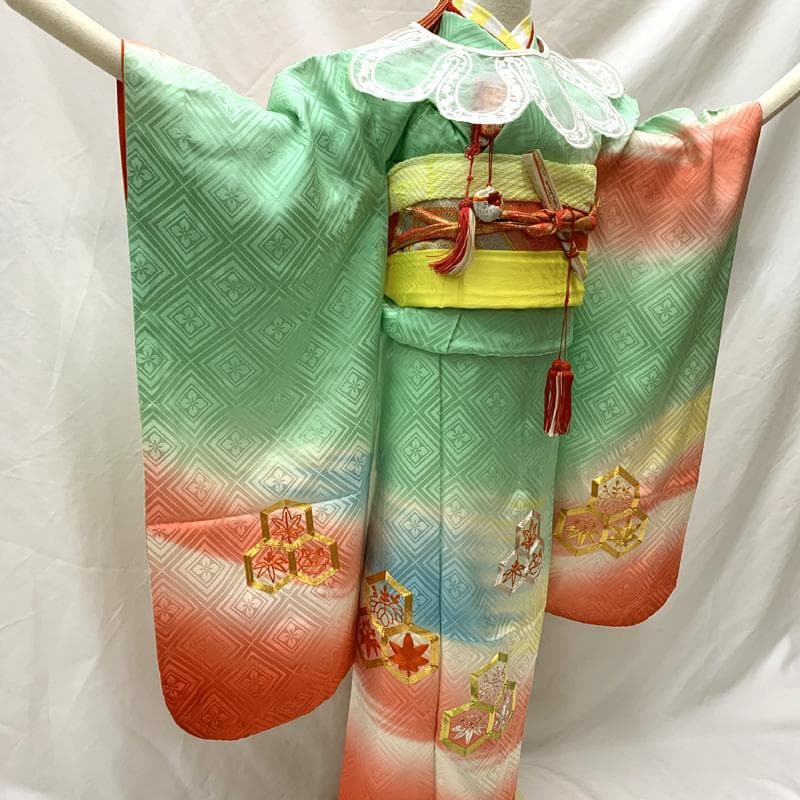 505ag60□七五三 七歳 女児 着物&袋帯 金駒刺繍 亀甲文□状態良好