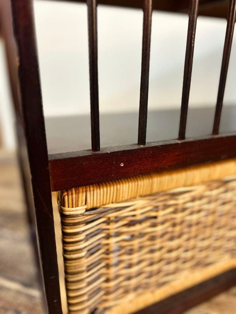 木製収納棚 籐バスケット2点付き ローボード 古家具