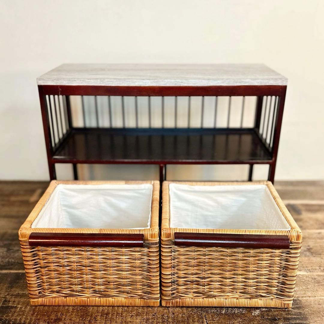 木製収納棚 籐バスケット2点付き ローボード 古家具