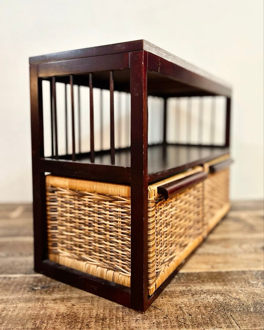 木製収納棚 籐バスケット2点付き ローボード 古家具