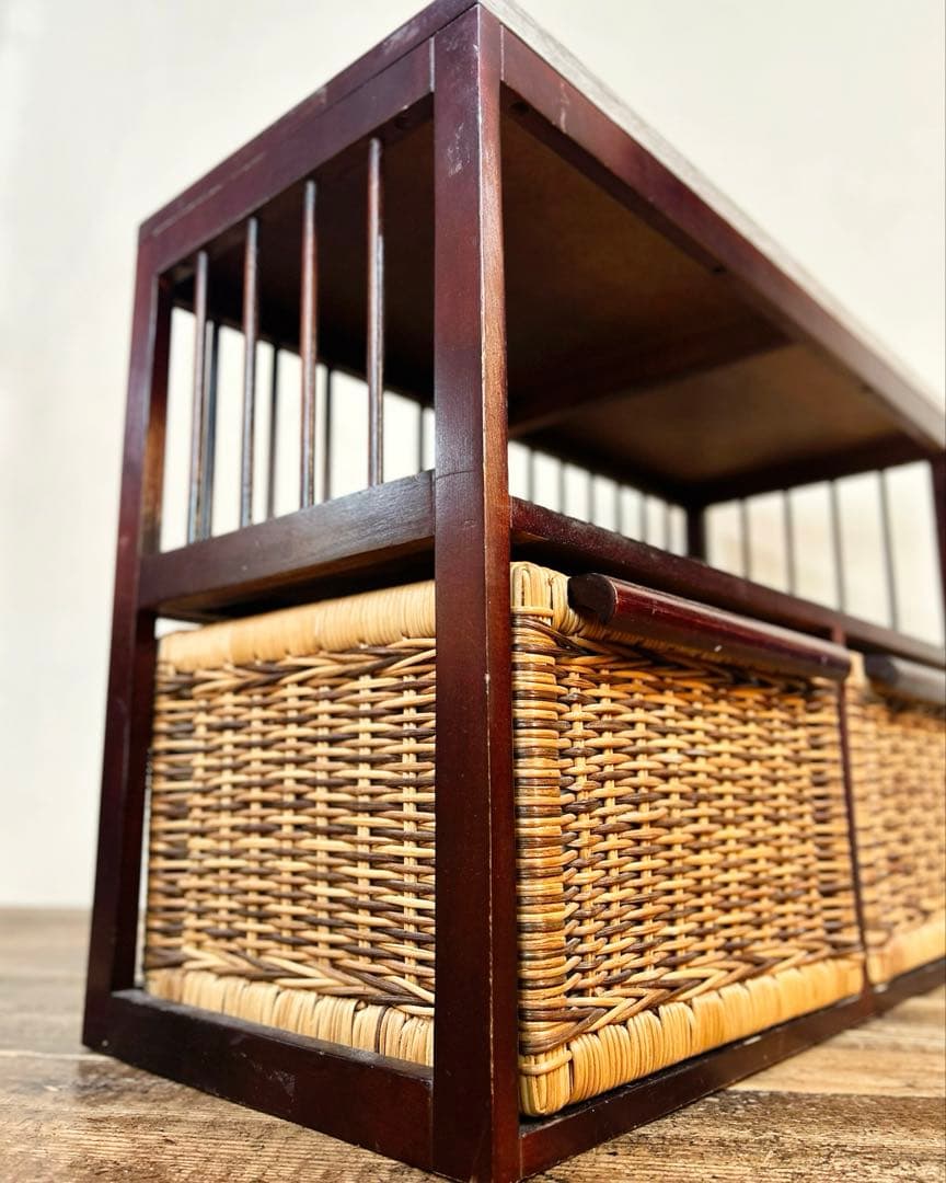 木製収納棚 籐バスケット2点付き ローボード 古家具