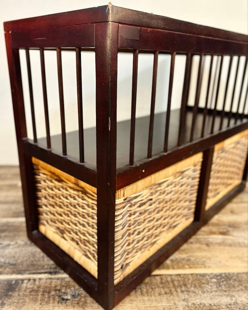 木製収納棚 籐バスケット2点付き ローボード 古家具