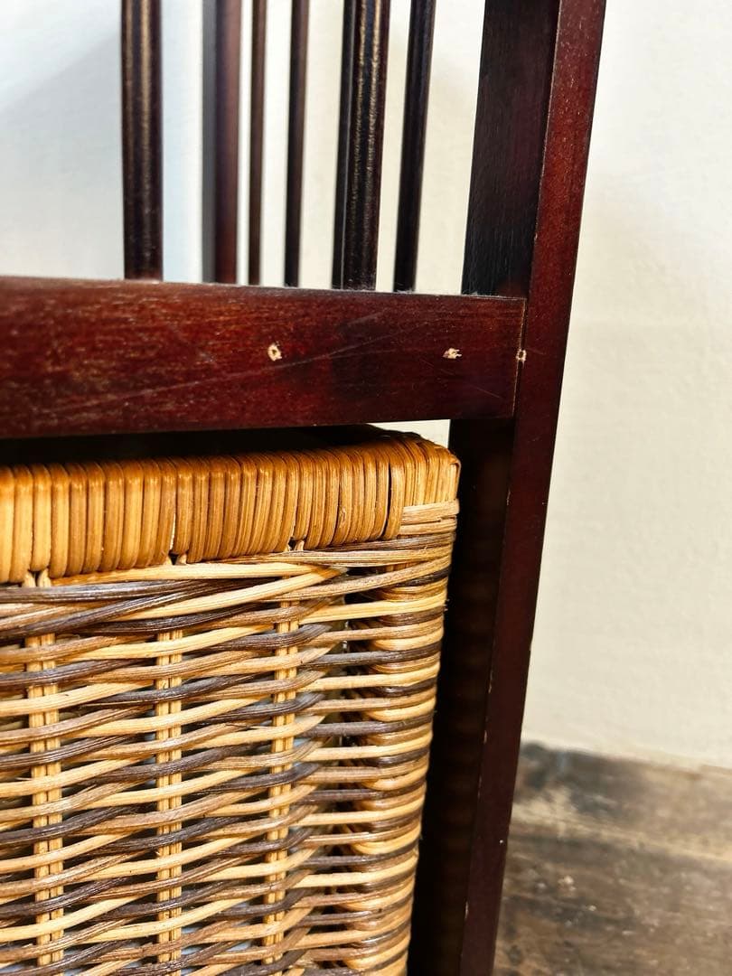 木製収納棚 籐バスケット2点付き ローボード 古家具