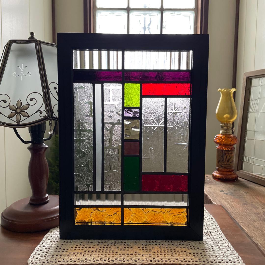 ステンドグラス　パネル　昭和レトロ　和モダン　ガラス引き戸