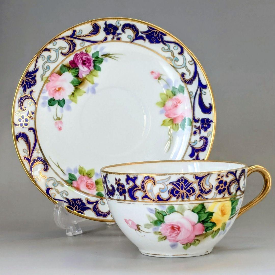 オールドノリタケ銘品!! 金彩藍帯薔薇図紋　キャビネットカップ＆ソーサー