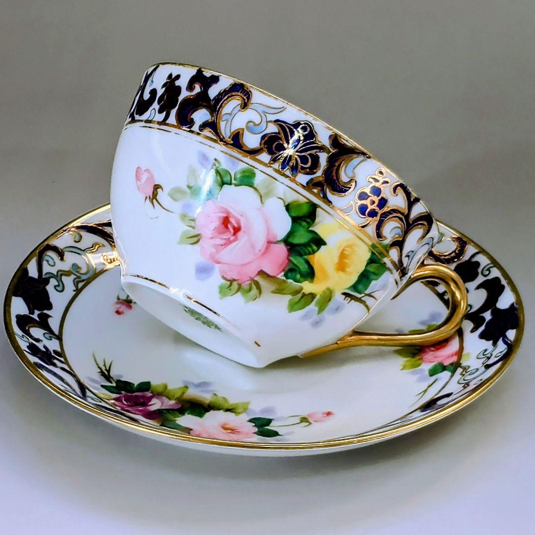 オールドノリタケ銘品!! 金彩藍帯薔薇図紋　キャビネットカップ＆ソーサー