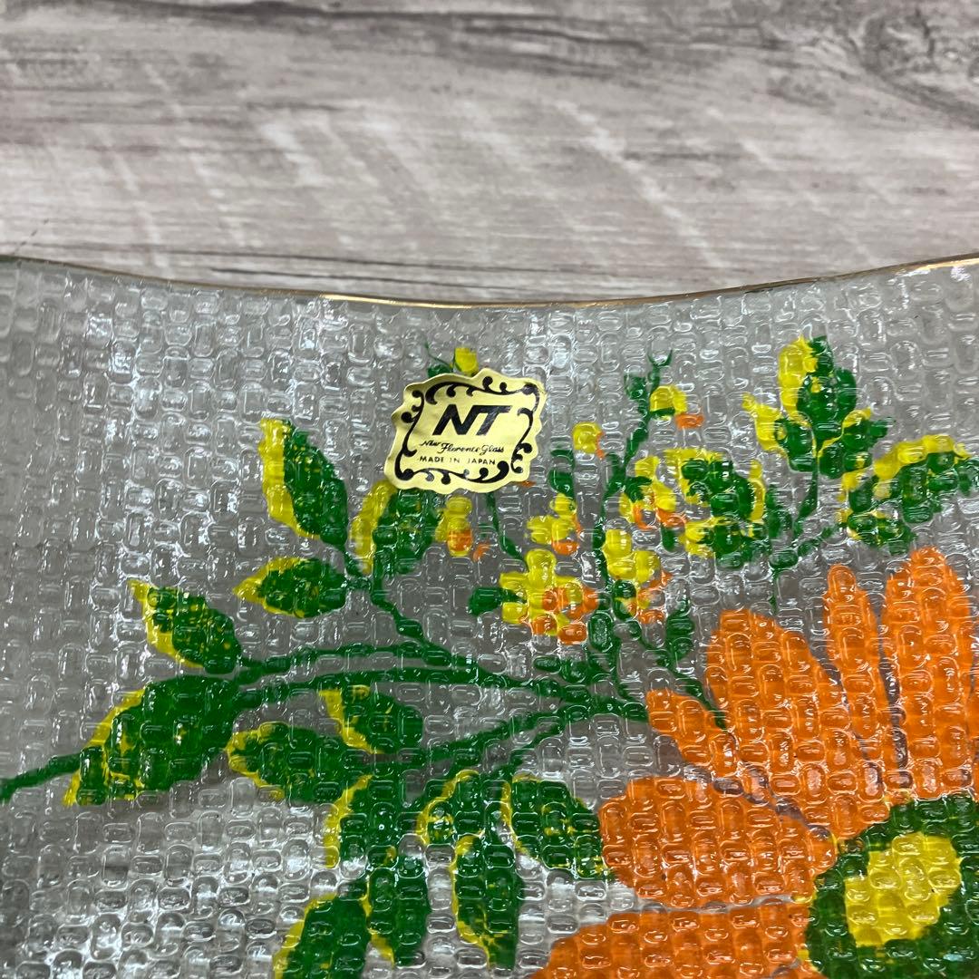 3F レトロポップな花柄 ガラスプレート 飾り皿 金縁 昭和レトロ ヴィンテージ