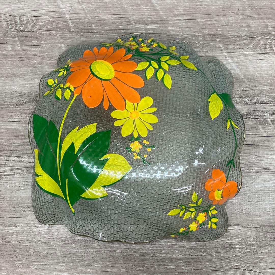 3F レトロポップな花柄 ガラスプレート 飾り皿 金縁 昭和レトロ ヴィンテージ