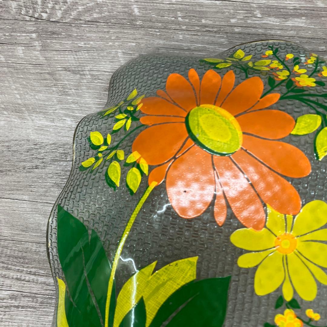 3F レトロポップな花柄 ガラスプレート 飾り皿 金縁 昭和レトロ ヴィンテージ