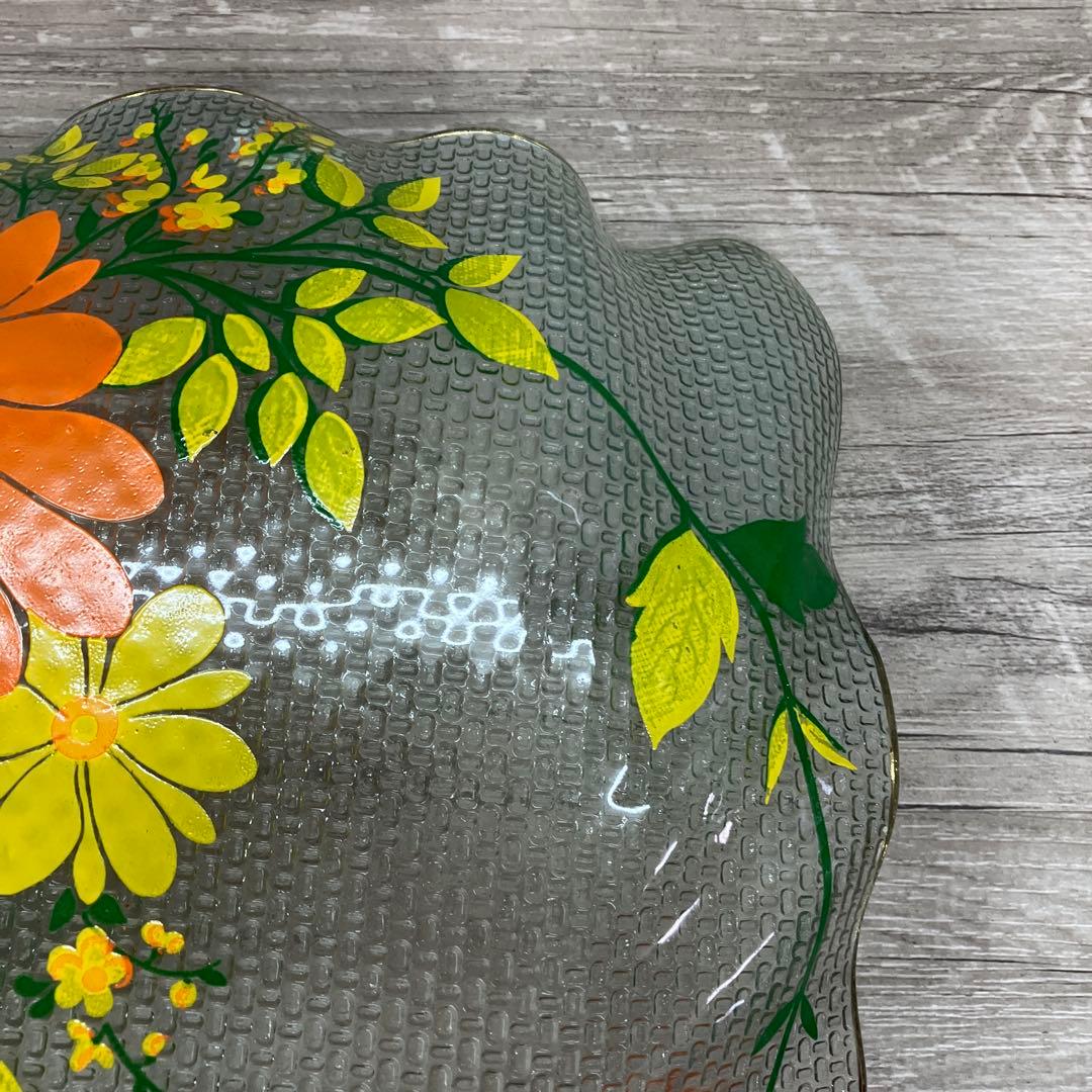 3F レトロポップな花柄 ガラスプレート 飾り皿 金縁 昭和レトロ ヴィンテージ