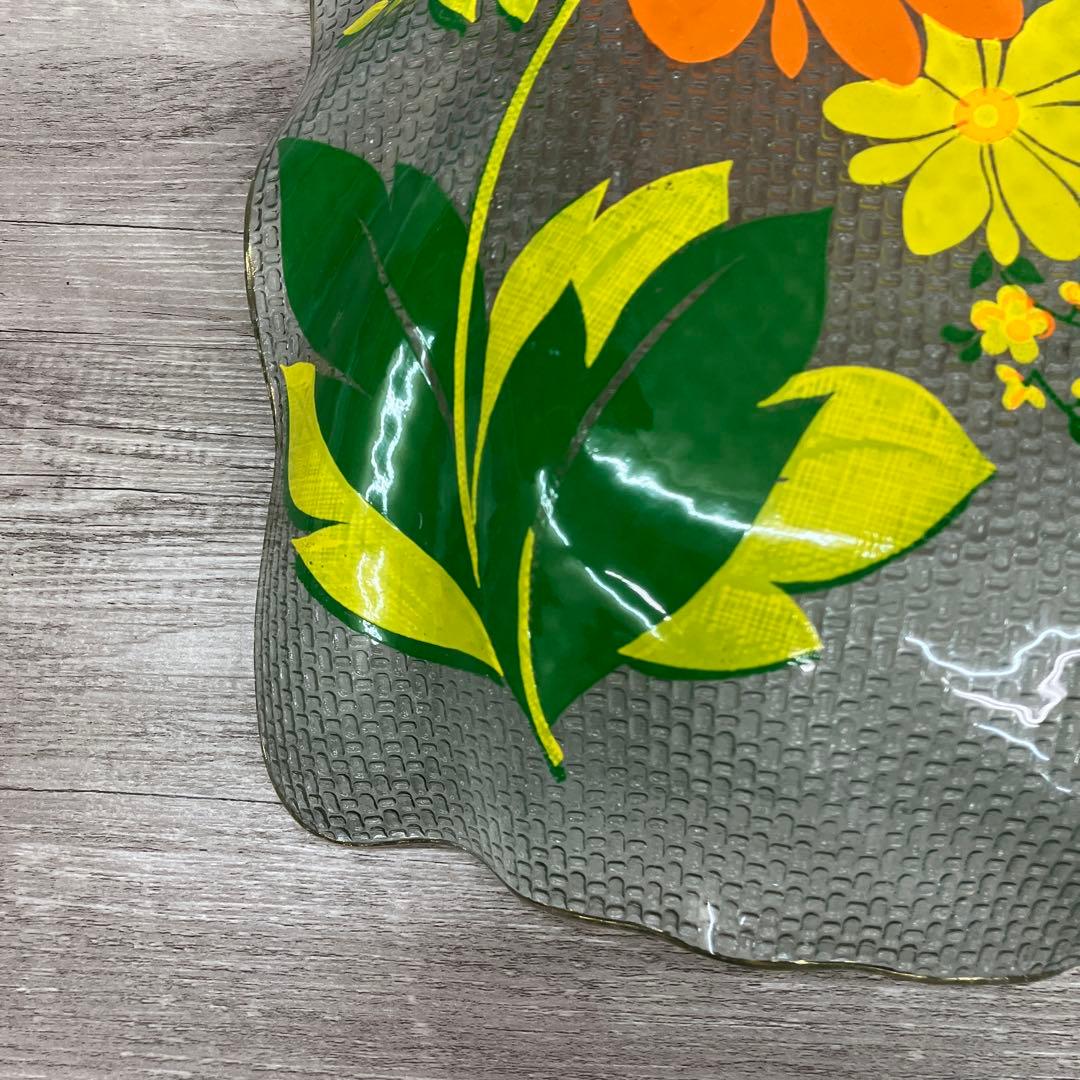 3F レトロポップな花柄 ガラスプレート 飾り皿 金縁 昭和レトロ ヴィンテージ