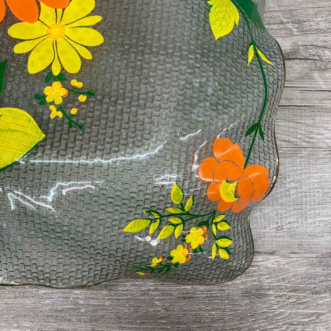 3F レトロポップな花柄 ガラスプレート 飾り皿 金縁 昭和レトロ ヴィンテージ