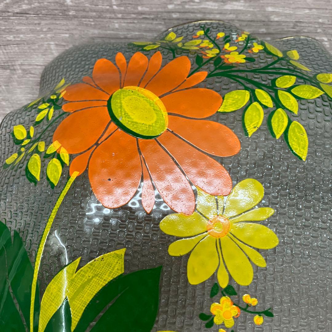 3F レトロポップな花柄 ガラスプレート 飾り皿 金縁 昭和レトロ ヴィンテージ