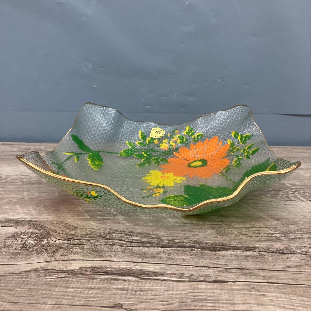 3F レトロポップな花柄 ガラスプレート 飾り皿 金縁 昭和レトロ ヴィンテージ