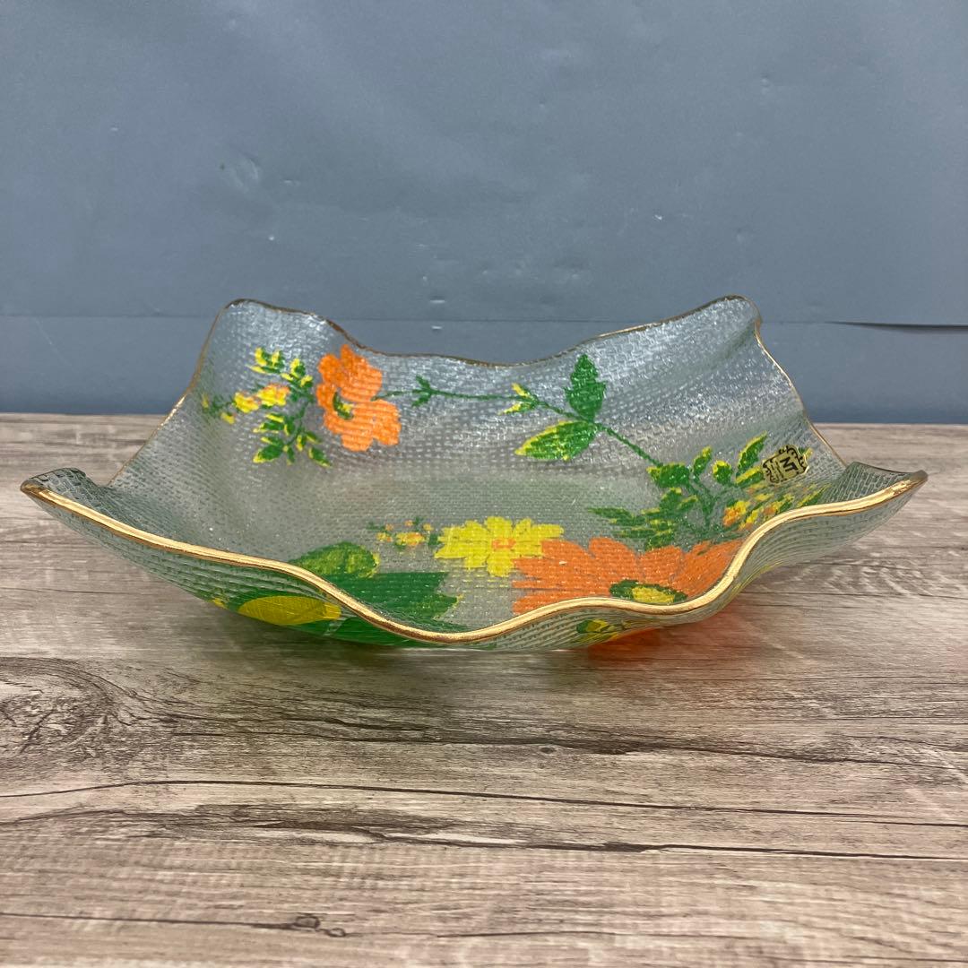 3F レトロポップな花柄 ガラスプレート 飾り皿 金縁 昭和レトロ ヴィンテージ