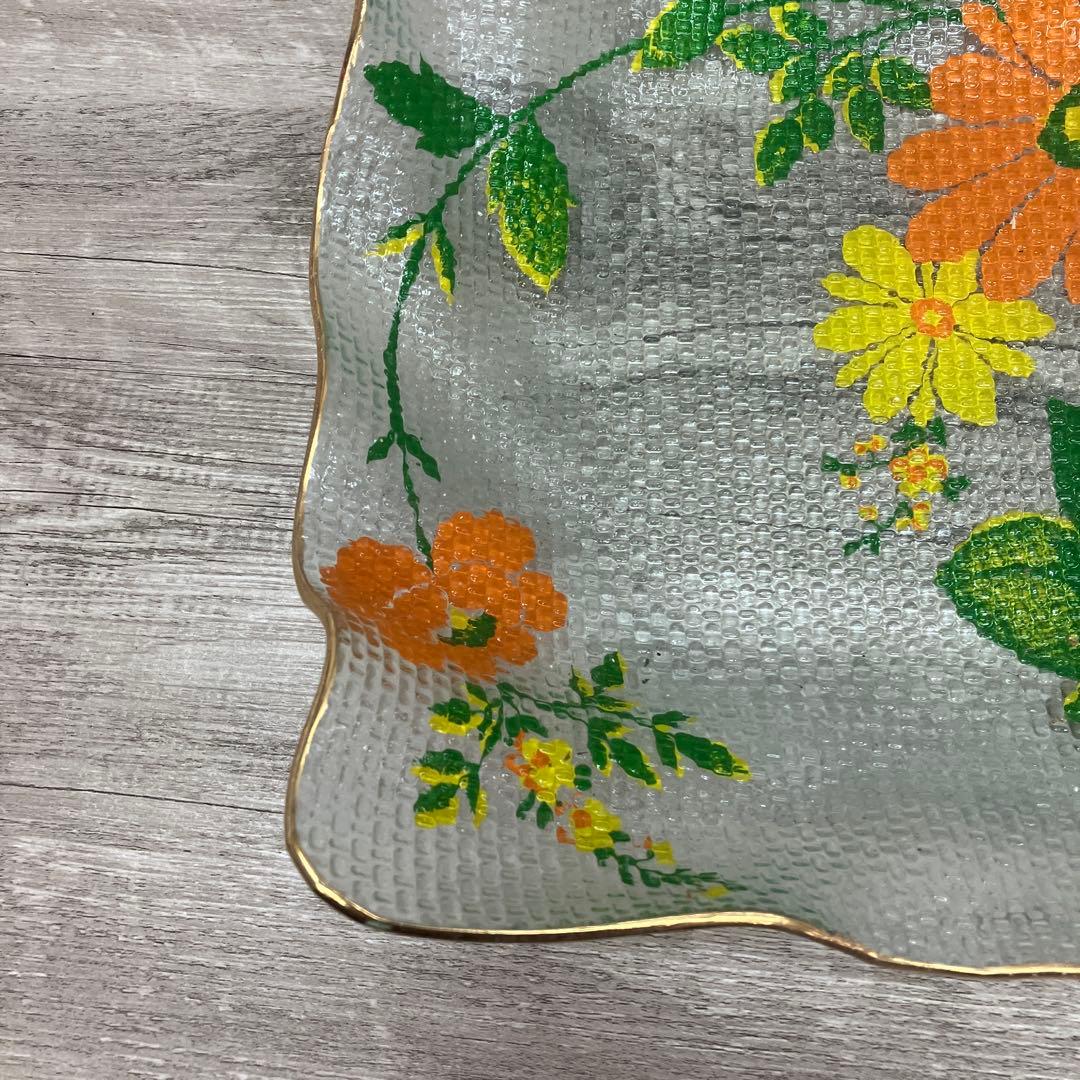3F レトロポップな花柄 ガラスプレート 飾り皿 金縁 昭和レトロ ヴィンテージ