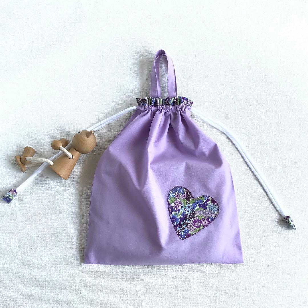 リバティのフリルとハートアップリケのレッスンバッグ・上履き入れ・体操服袋