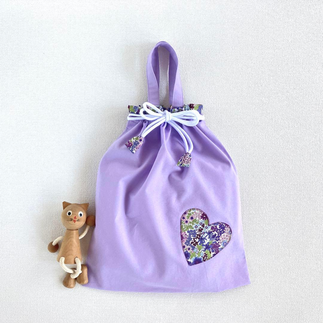 リバティのフリルとハートアップリケのレッスンバッグ・上履き入れ・体操服袋