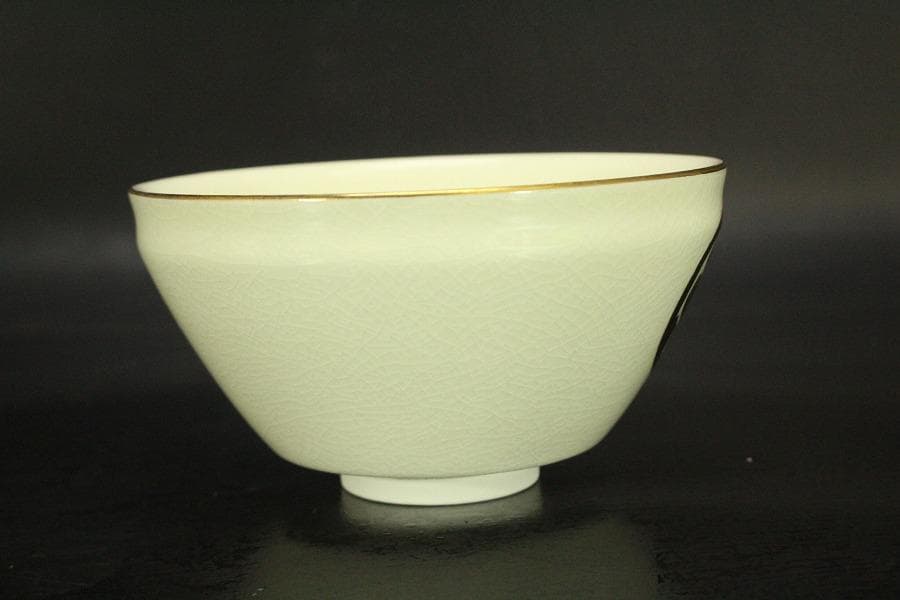 【未使用品】茶道具 清水焼 粟田窯 茶碗 金彩金葵紋 岡田暁山作 (メ1224)