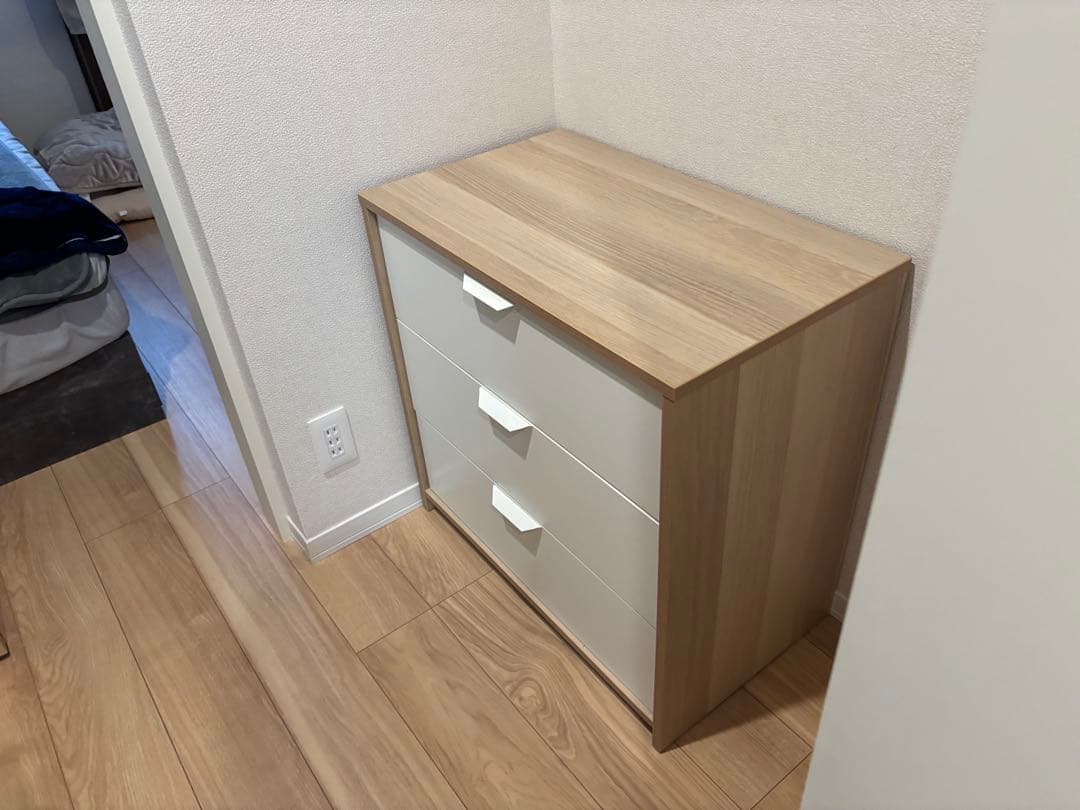 【IKEA/美品】3段チェスト ホワイト/ナチュラル