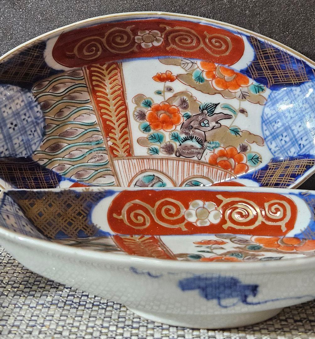 江戸時代末期〜明治時代　錦手　金彩色絵　唐獅子に花の図　花唐草文様　舟形皿2客