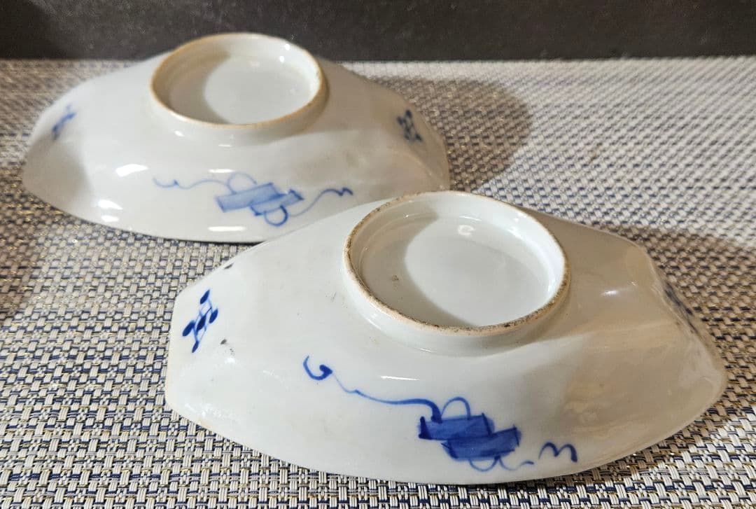 江戸時代末期〜明治時代　錦手　金彩色絵　唐獅子に花の図　花唐草文様　舟形皿2客