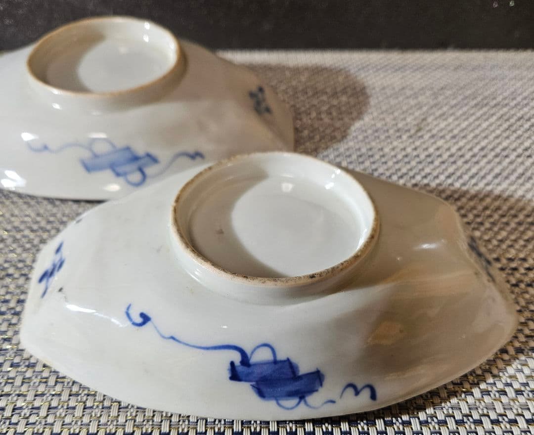 江戸時代末期〜明治時代　錦手　金彩色絵　唐獅子に花の図　花唐草文様　舟形皿2客