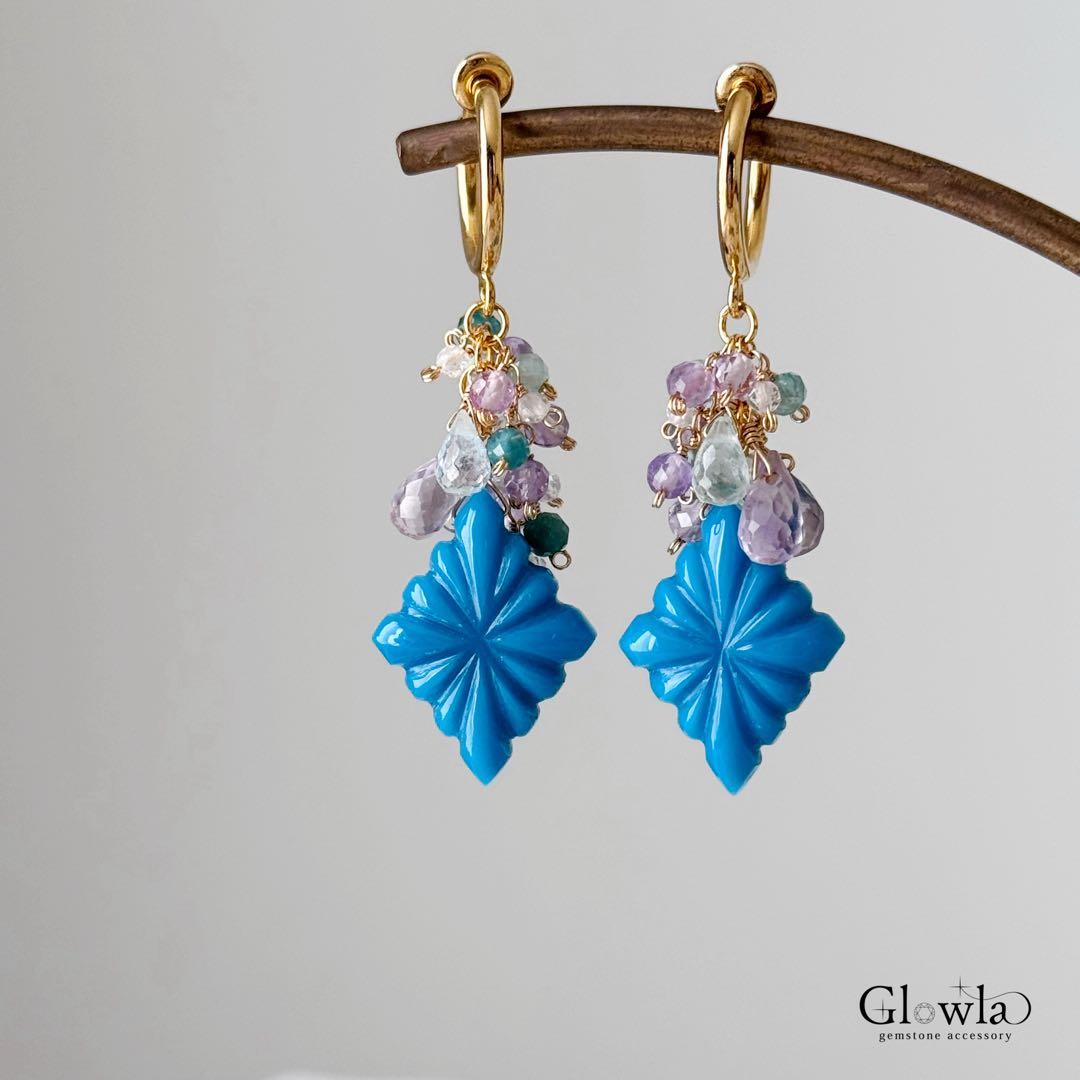 夏色練りターコイズのローゼンジカービングの14kgfピアス/16kgpイヤリング