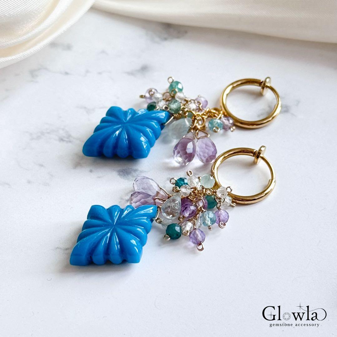 夏色練りターコイズのローゼンジカービングの14kgfピアス/16kgpイヤリング